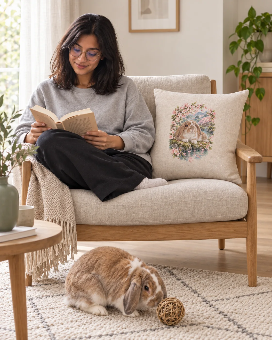 Vrouw leest in een lichte Scandinavische zithoek, met een konijnportret op een kussen en een hangoorkonijn op het vloerkleed