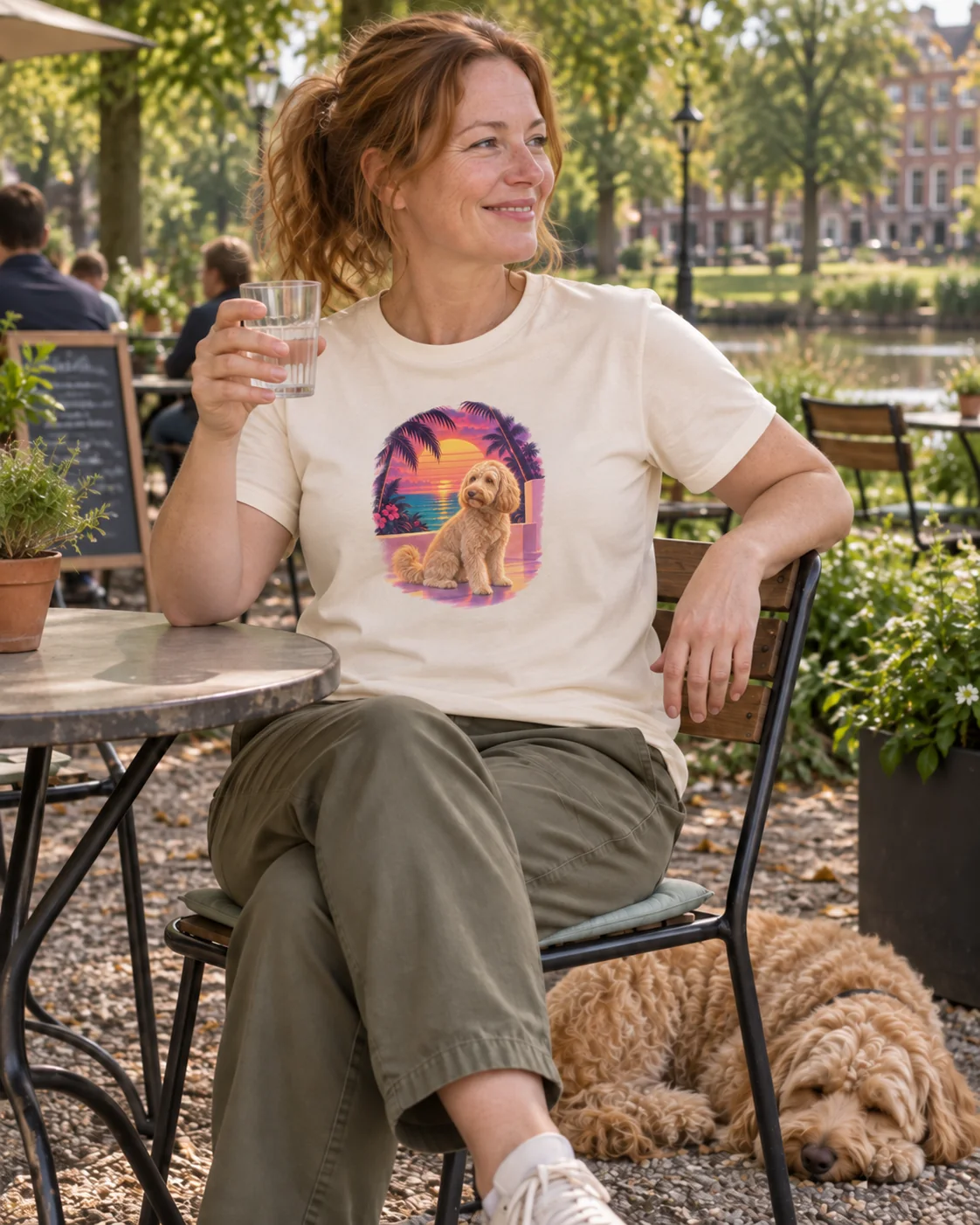 Vrouw op een terras met een Miami-portret van haar labradoodle op haar shirt; de hond slaapt onder haar stoel