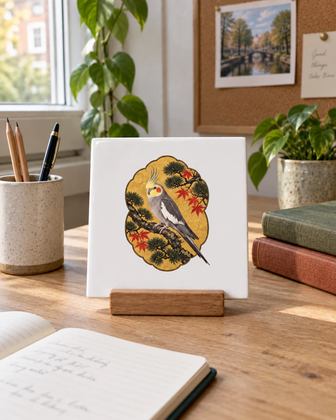 Tegeltje met een valkparkiet op een gouden Japans scherm, op een houten schrijfbureau tussen boeken en potloden