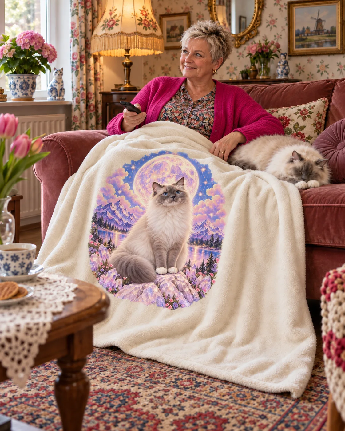 Vrouw met kort kapsel kijkt tv met een afstandsbediening in haar hand, onder een deken met ragdollportret naast haar slapende kat in een kitscherige woonkamer