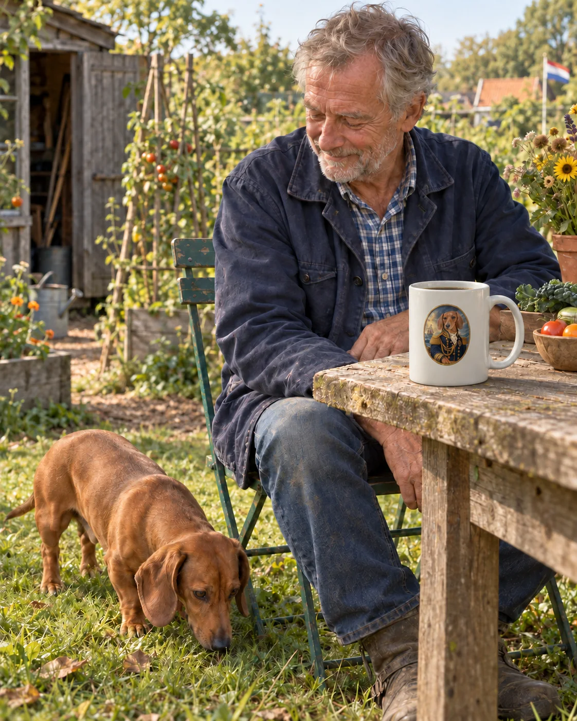 Man drinkt koffie in de moestuin, met een teckelportret als admiraal op zijn mok en de hond naast de tafel
